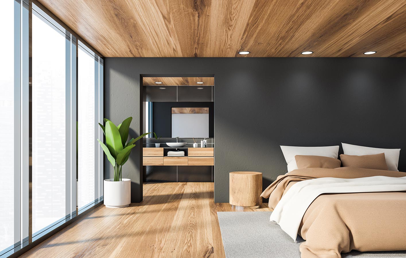 Modernes Schlafzimmer mit Holzboden und Holzdecke